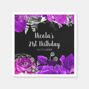 Elegant Purple and Silver Flowers Birthday Party  Napkin