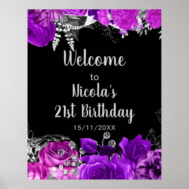 Elegant Purple and Silver Flowers Birthday Party  Poster (Front)