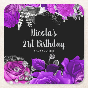 Elegant Purple and Silver Flowers Birthday Party  Square Paper Coaster