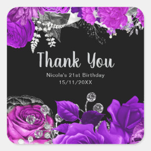 Elegant Purple and Silver Flowers Birthday Party  Square Sticker