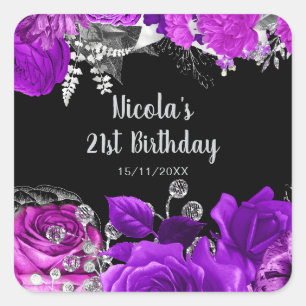 Elegant Purple and Silver Flowers Birthday Party  Square Sticker