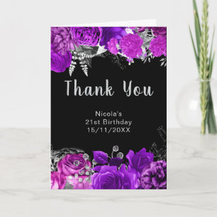Elegant Purple and Silver Flowers Birthday Party  Thank You Card