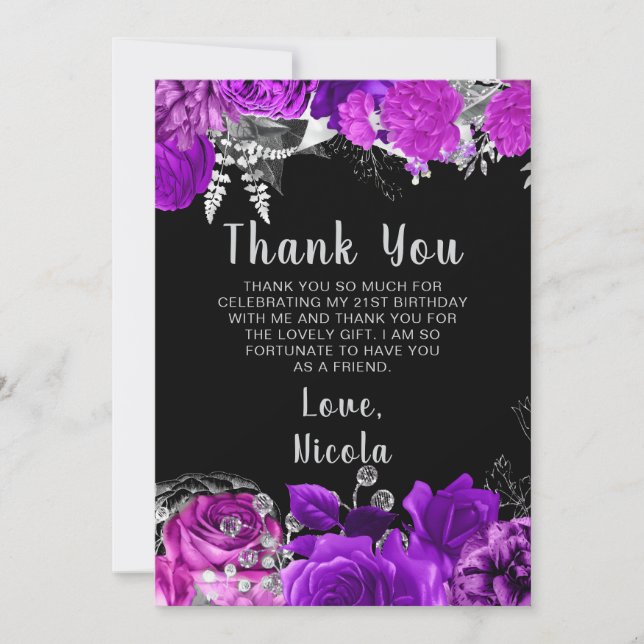 Elegant Purple and Silver Flowers Birthday Party  Thank You Card (Front)