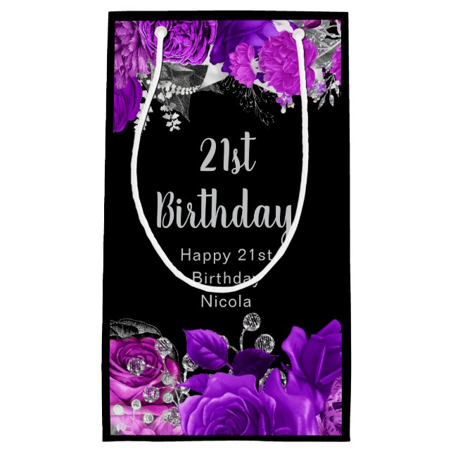 Elegant Purple and Silver Flowers Birthday  Small Gift Bag (Front)
