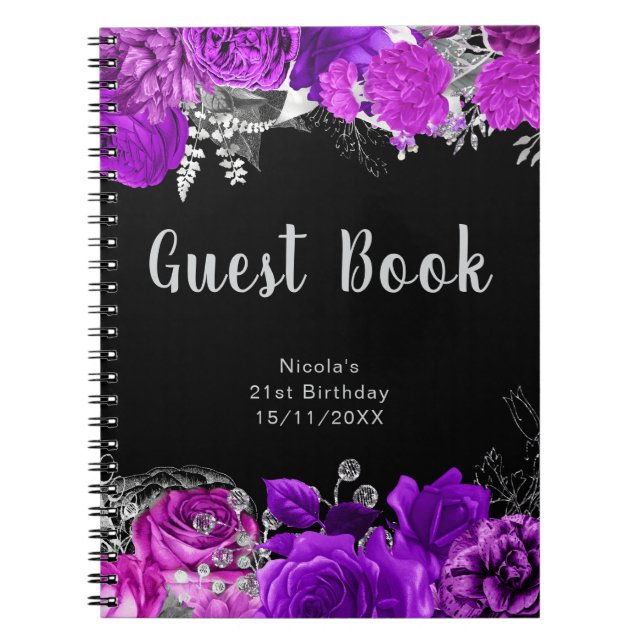Elegant Purple and Silver Flowers Guest Book (Front)