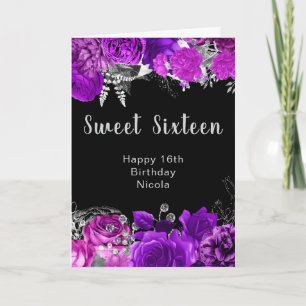 Elegant Purple and Silver Flowers Sweet Sixteen  Card