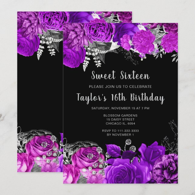 Elegant Purple and Silver Flowers Sweet Sixteen Invitation (Front/Back)