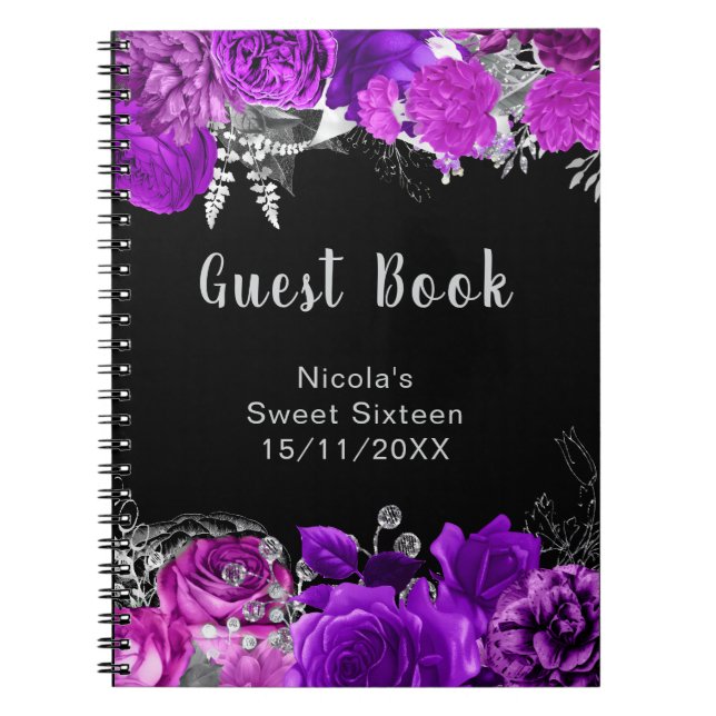 Elegant Purple and Silver Flowers Sweet Sixteen Notebook (Front)