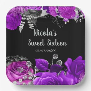 Elegant Purple and Silver Flowers Sweet Sixteen  Paper Plate