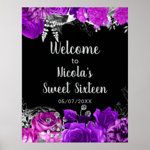 Elegant Purple and Silver Flowers Sweet Sixteen Poster