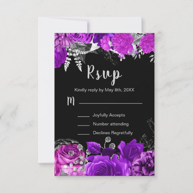 Elegant Purple and Silver Flowers Sweet Sixteen  RSVP Card (Front)