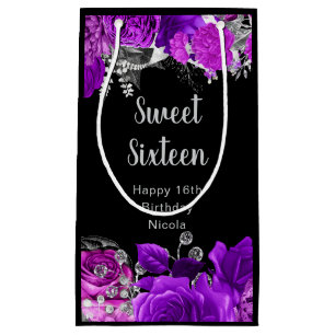 Elegant Purple and Silver Flowers Sweet Sixteen Small Gift Bag