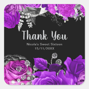 Elegant Purple and Silver Flowers Sweet Sixteen Square Sticker