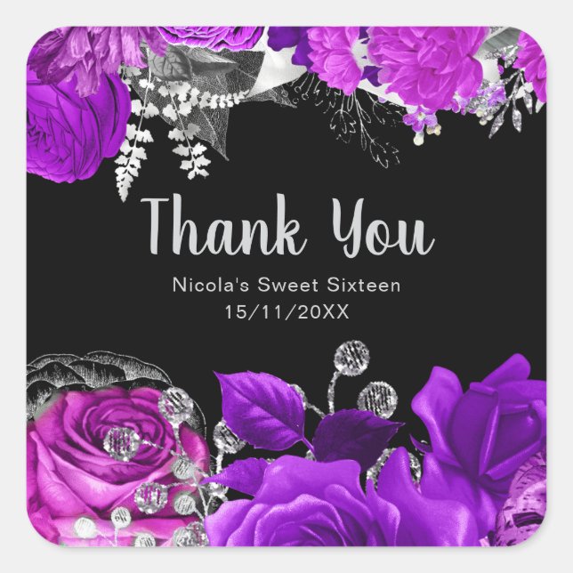 Elegant Purple and Silver Flowers Sweet Sixteen Square Sticker (Front)