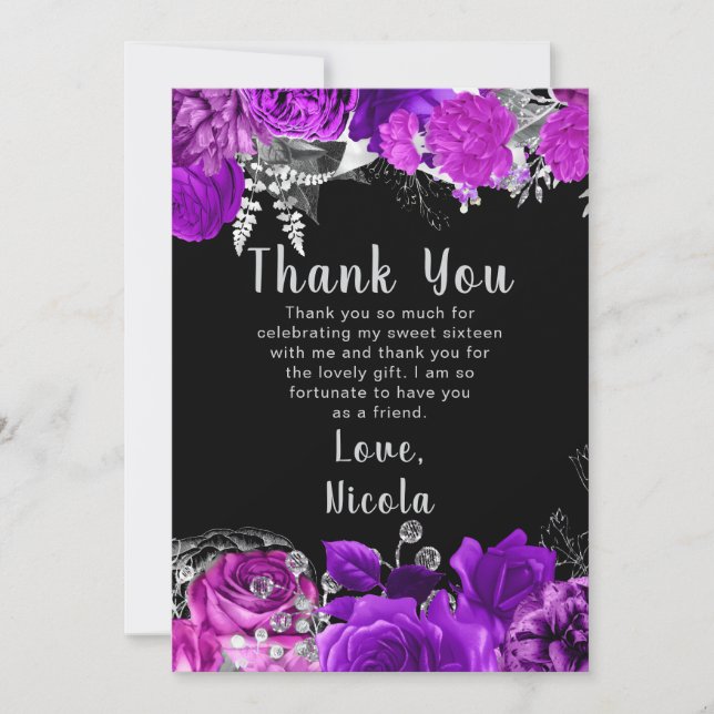 Elegant Purple and Silver Flowers Sweet Sixteen Thank You Card (Front)