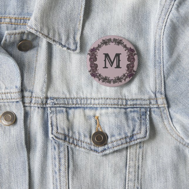 Elegant Purple and Silver Framed Monogram  6 Cm Round Badge (In Situ)
