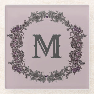 Elegant Purple and Silver Framed Monogram Glass Coaster