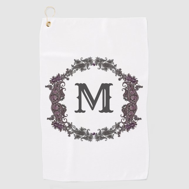 Elegant Purple and Silver Framed Monogram  Golf Towel (Front)