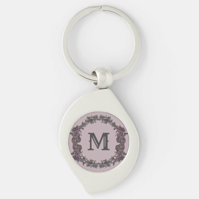 Elegant Purple and Silver Framed Monogram  Key Ring (Front)