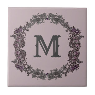 Elegant Purple and Silver Framed Monogram Tile