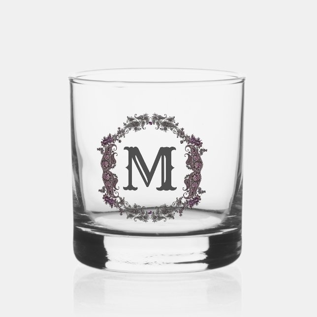 Elegant Purple and Silver Framed Monogram  Whiskey Glass (Front)