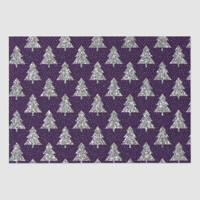 Elegant Purple and Silver Glitter Christmas Tree Tissue Paper (Front)