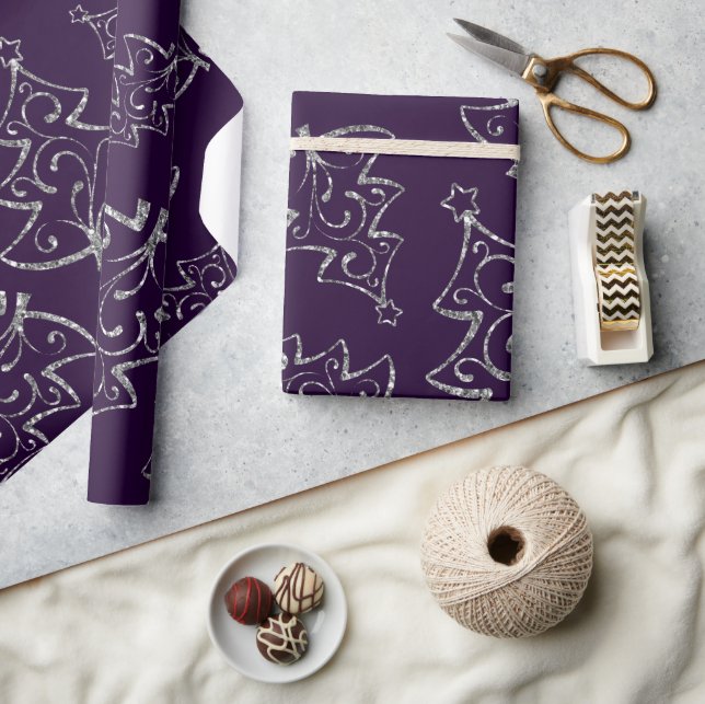 Elegant Purple and Silver Glitter Christmas Tree Wrapping Paper (Crafts)