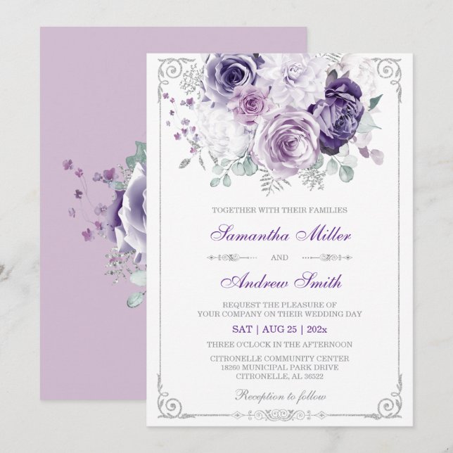 Elegant Purple and Silver Wedding Invitation (Front/Back)