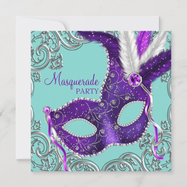 Elegant Purple and Teal Blue Masquerade Party Invitation (Front)