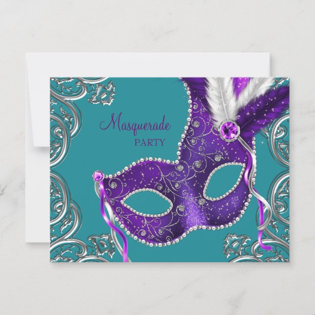 Elegant Purple and Turquoise Blue Masquerade Party Invitation (Front)