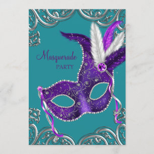 Elegant Purple and Turquoise Blue Masquerade Party Invitation