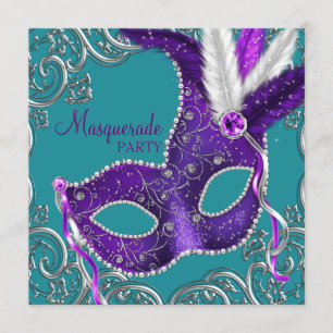 Elegant Purple and Turquoise Blue Masquerade Party Invitation