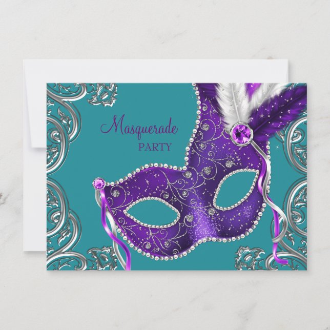 Elegant Purple and Turquoise Blue Masquerade Party Invitation (Front)
