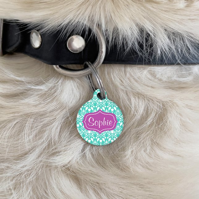 Elegant Purple And Turquoise Damask Pattern Pet Tag (Creator Uploaded)