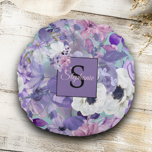 Elegant Purple And Violet Wildflowers And Monogram Round Cushion