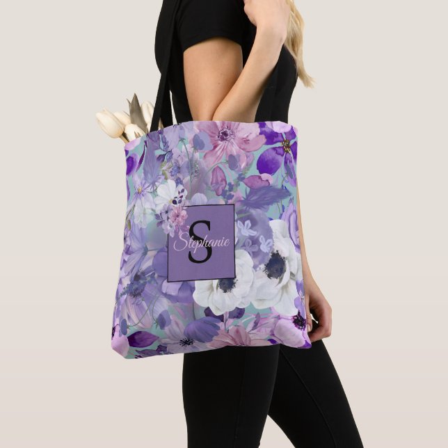 Elegant Purple And Violet Wildflowers And Monogram Tote Bag (Close Up)