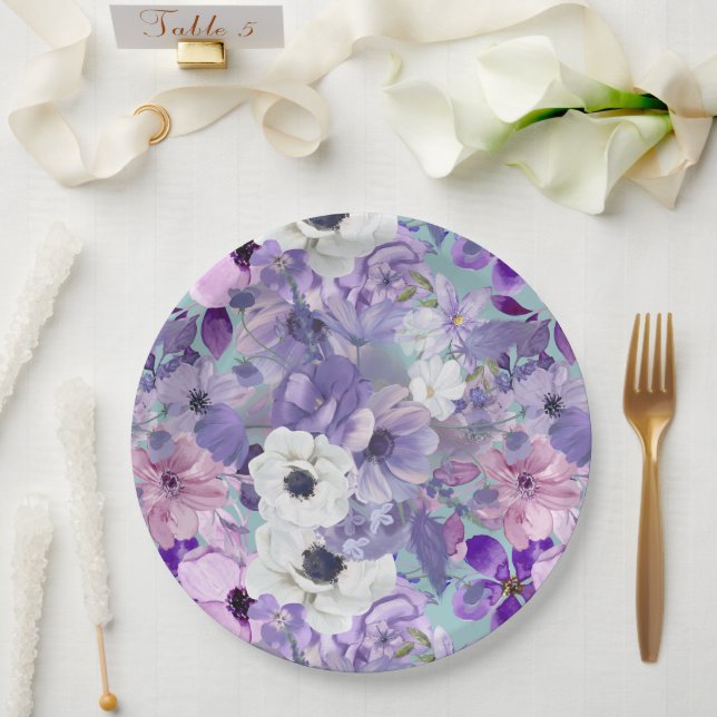 Elegant Purple And Violet Wildflowers And Sky  Paper Plate (Wedding)