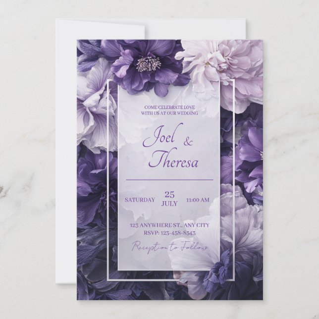 Elegant Purple and White Floral Wedding  Invitation (Front)