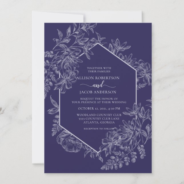 Elegant Purple and White Geometric Floral Wedding Invitation (Front)