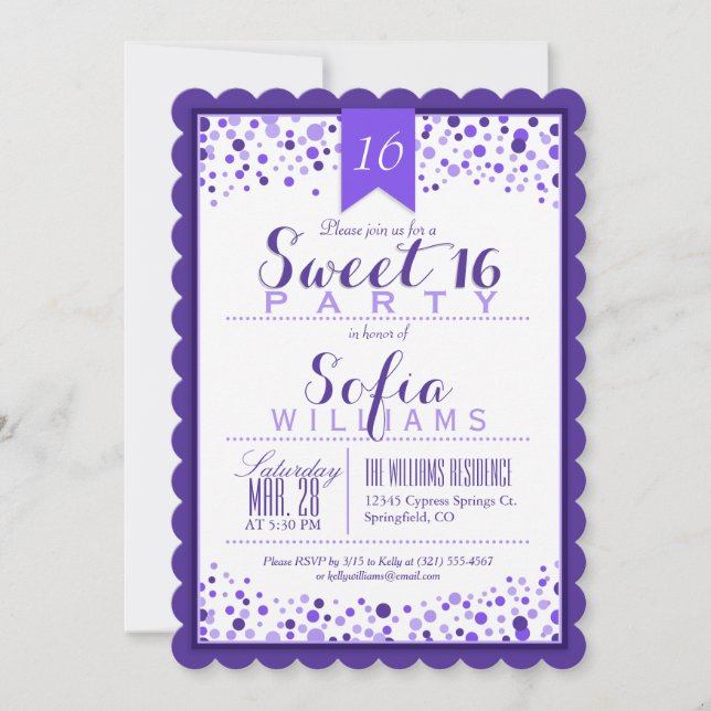 Elegant Purple and White Sweet 16 Birthday Party Invitation (Front)