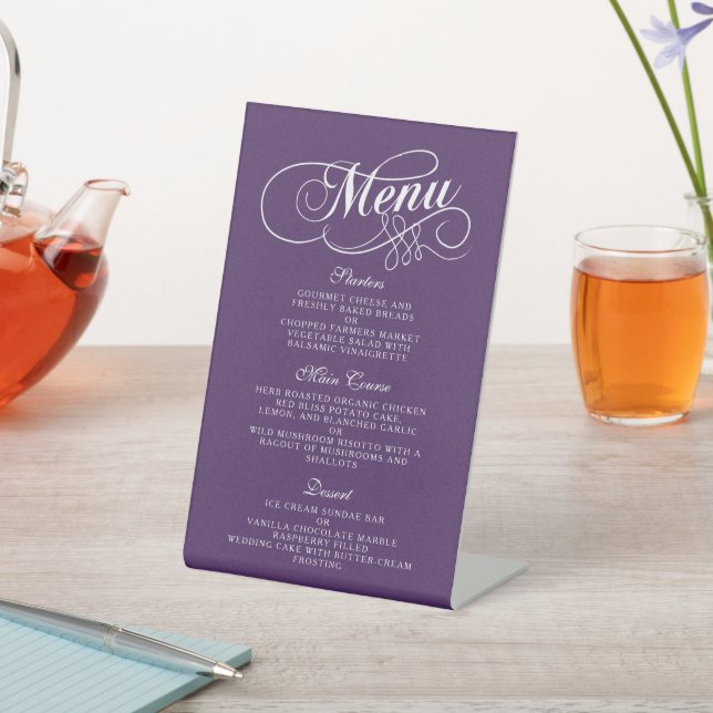 Elegant Purple And White Wedding Menu Templates Pedestal Sign (In SItu)