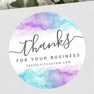 Elegant purple aqua watercolor business thank you classic round sticker
