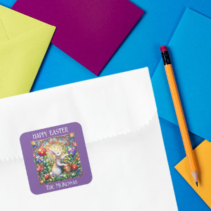 Elegant Purple Art Nouveau Bunny Garden Easter Square Sticker