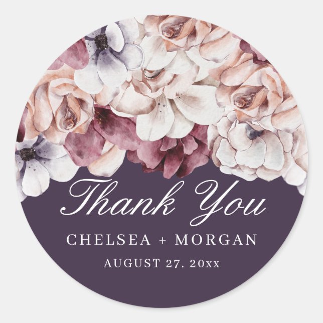 Elegant Purple Autumn Floral Thank You Classic Round Sticker (Front)