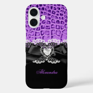 Elegant Purple Black Animal Bow Heart Lace 2 iPhone 16 Case
