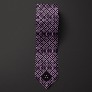 Elegant Purple & Black Arabesque Monogram Tie