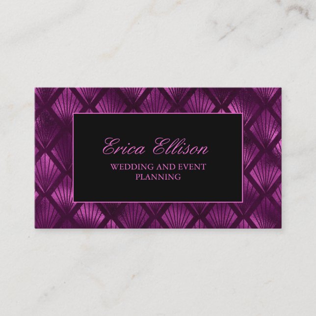 Elegant Purple Black Art Deco Wedding Planner Business Card (Front)