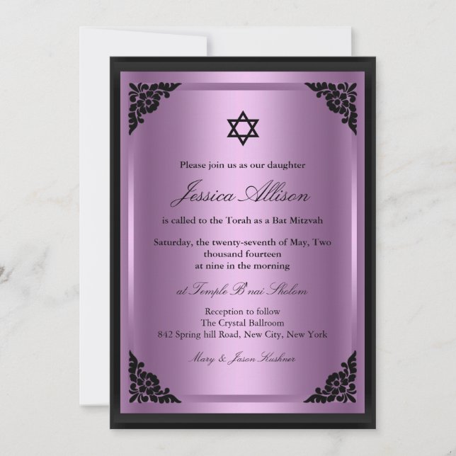 Elegant Purple & Black Bat Mitzvah Invitation (Front)