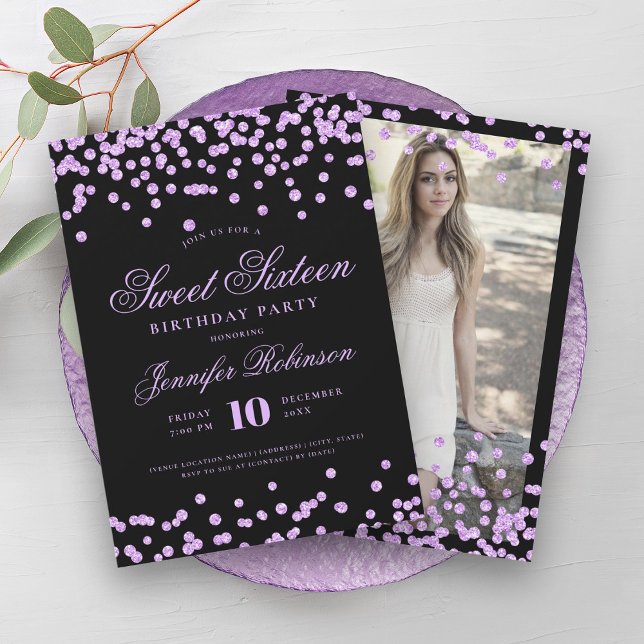 Elegant Purple Black Confetti Photo Sweet 16   Invitation (Elegant Purple Black Confetti Photo Sweet 16 Invitation)