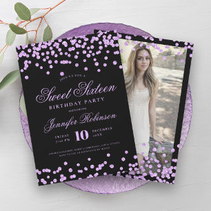 Elegant Purple Black Confetti Photo Sweet 16 Invitation